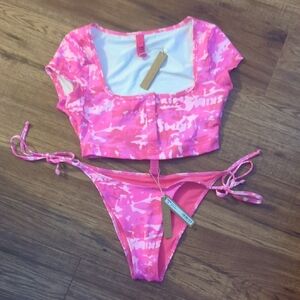 SKIMS Pink and White Bikini Set